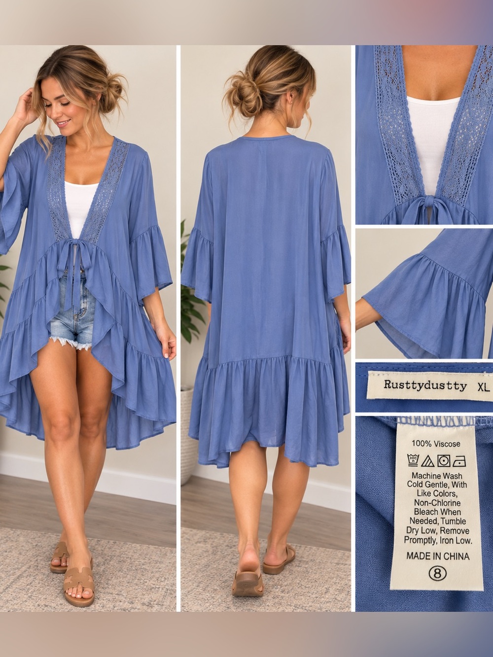 Rusttydustty Blue Lace Trim Ruffle Duster Kimono Cardigan XL